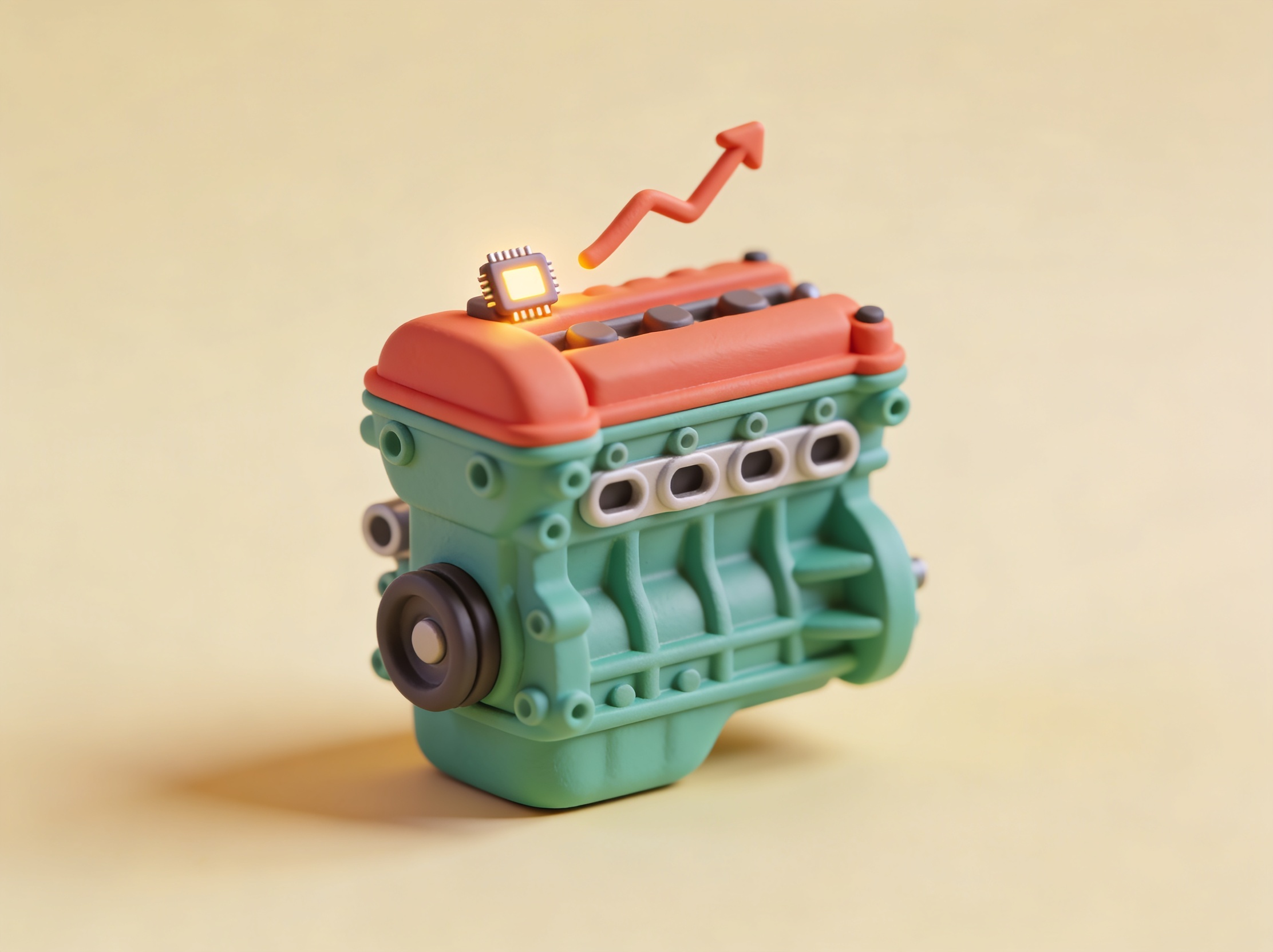 3D-illustrasjon av en motor med en oppadgående effektkurve – chiptuning-kalkulator