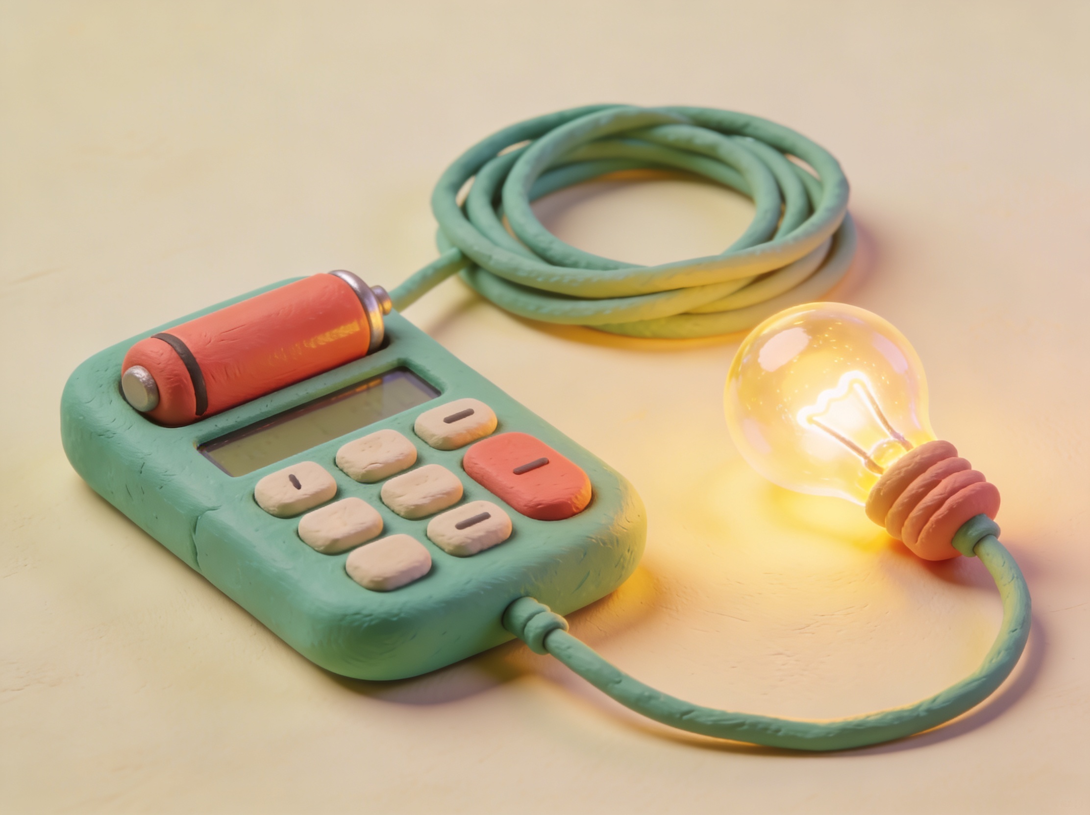 3D-illustrasjon av et batteri, en pære og en kabel – elektrokalkulator