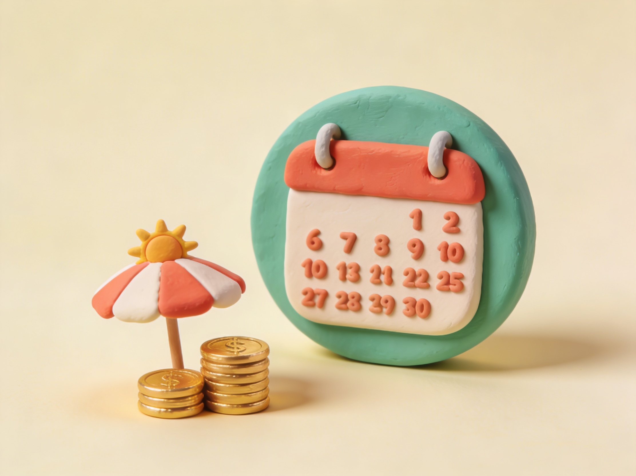3D-illustrasjon av en kalender, solparasoll og mynter – feriepengekalkulator