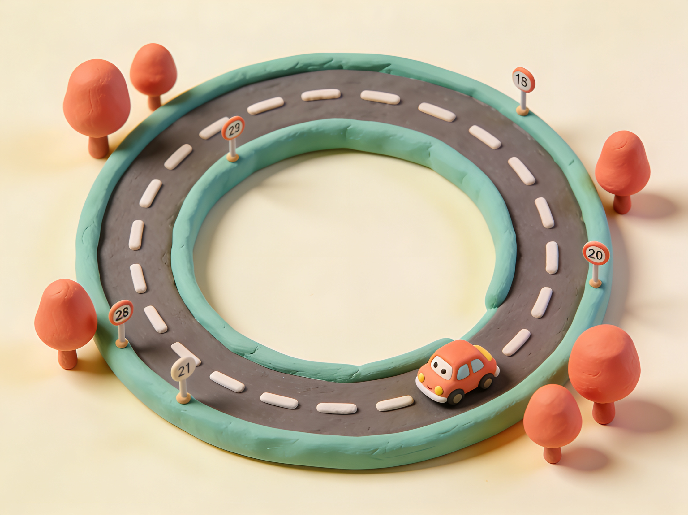 3D-illustrasjon av svingete vei med avstandsmarkører – km til mil