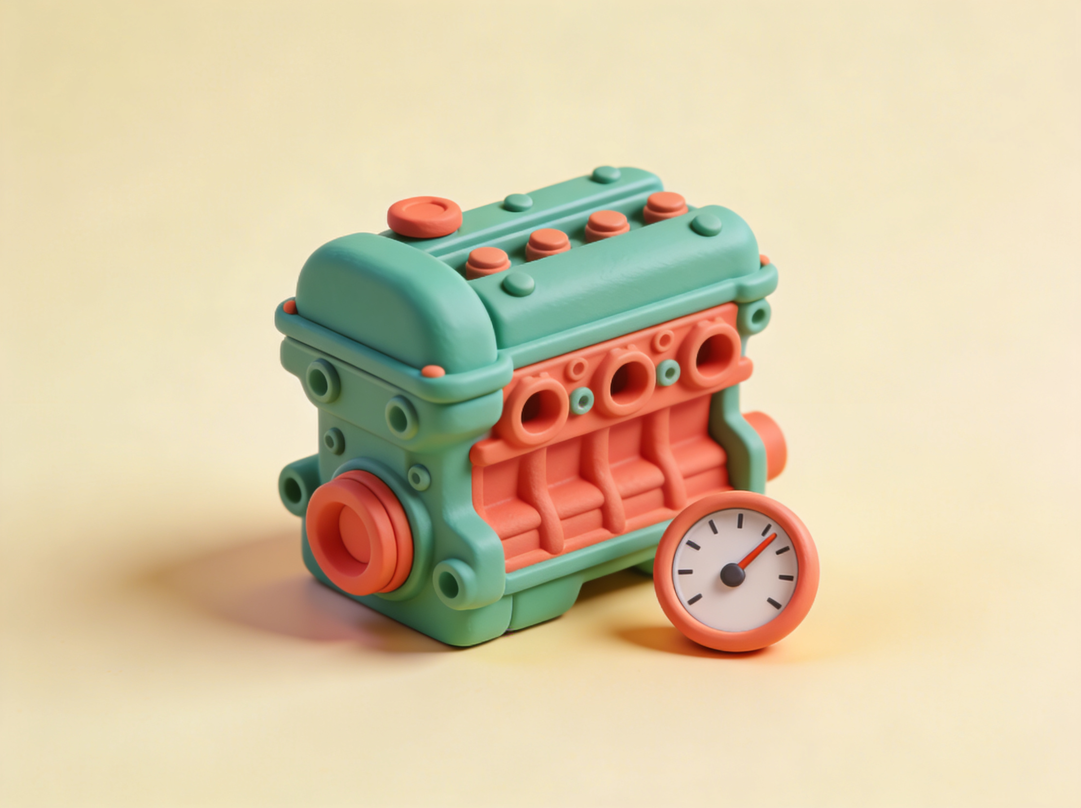 3D-illustrasjon av en bilmotor med en effektmåler – kW til hk-kalkulator