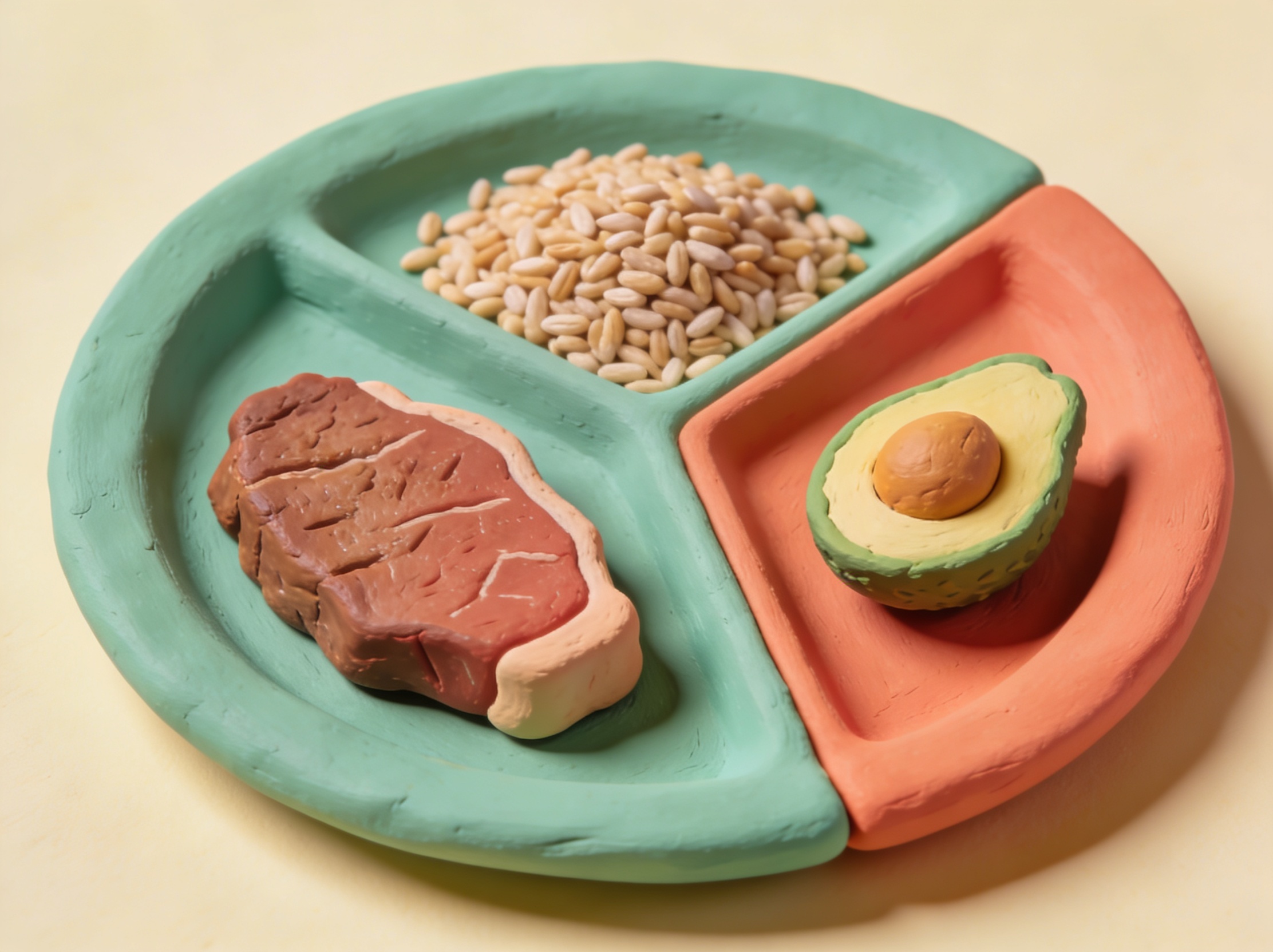 3D-illustrasjon av en tallerken delt i protein, karbohydrat og fett – makro- og proteinkalkulator