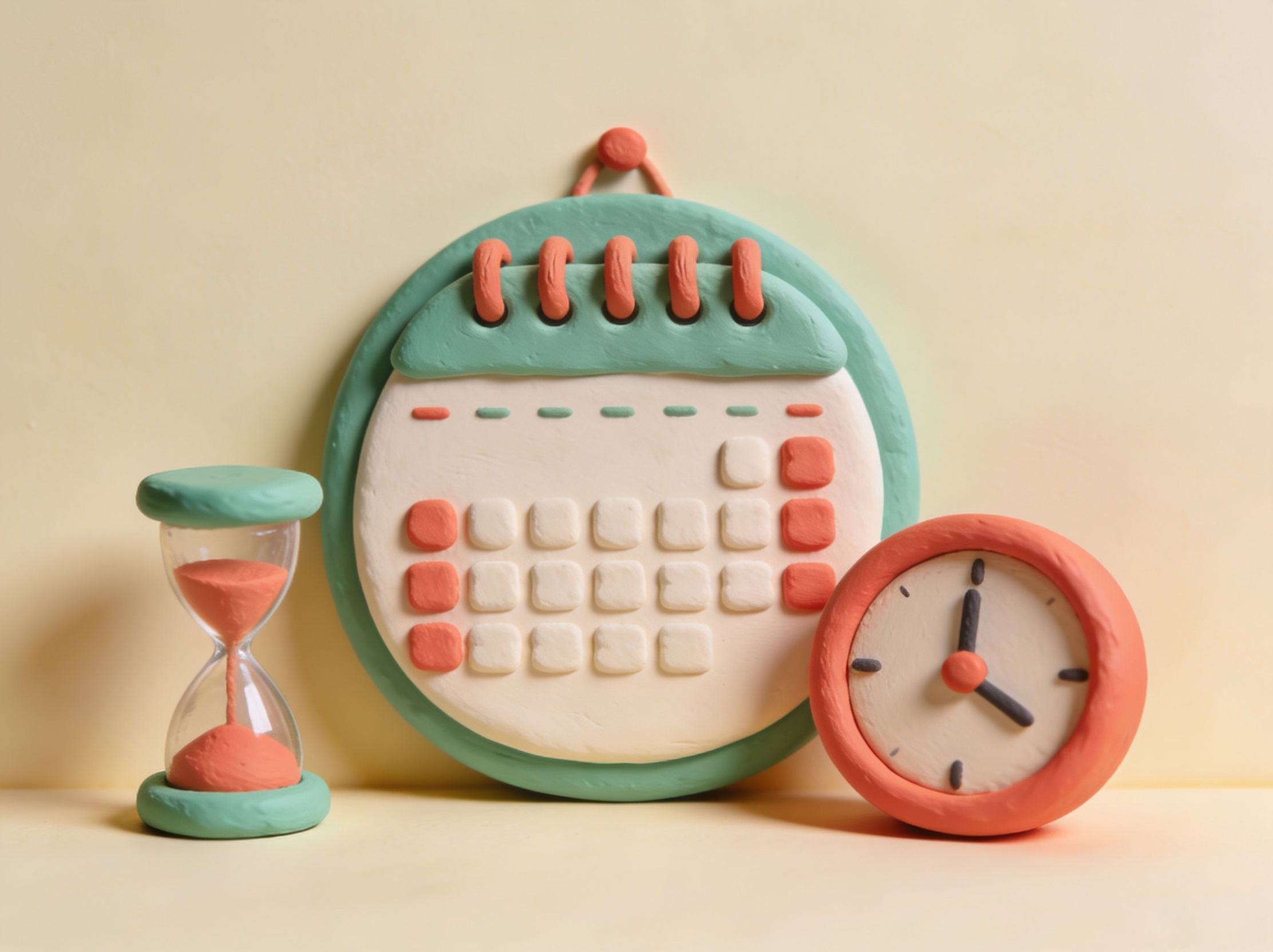 3D-illustrasjon av en kalender og et timeglass – nedtelling til dato