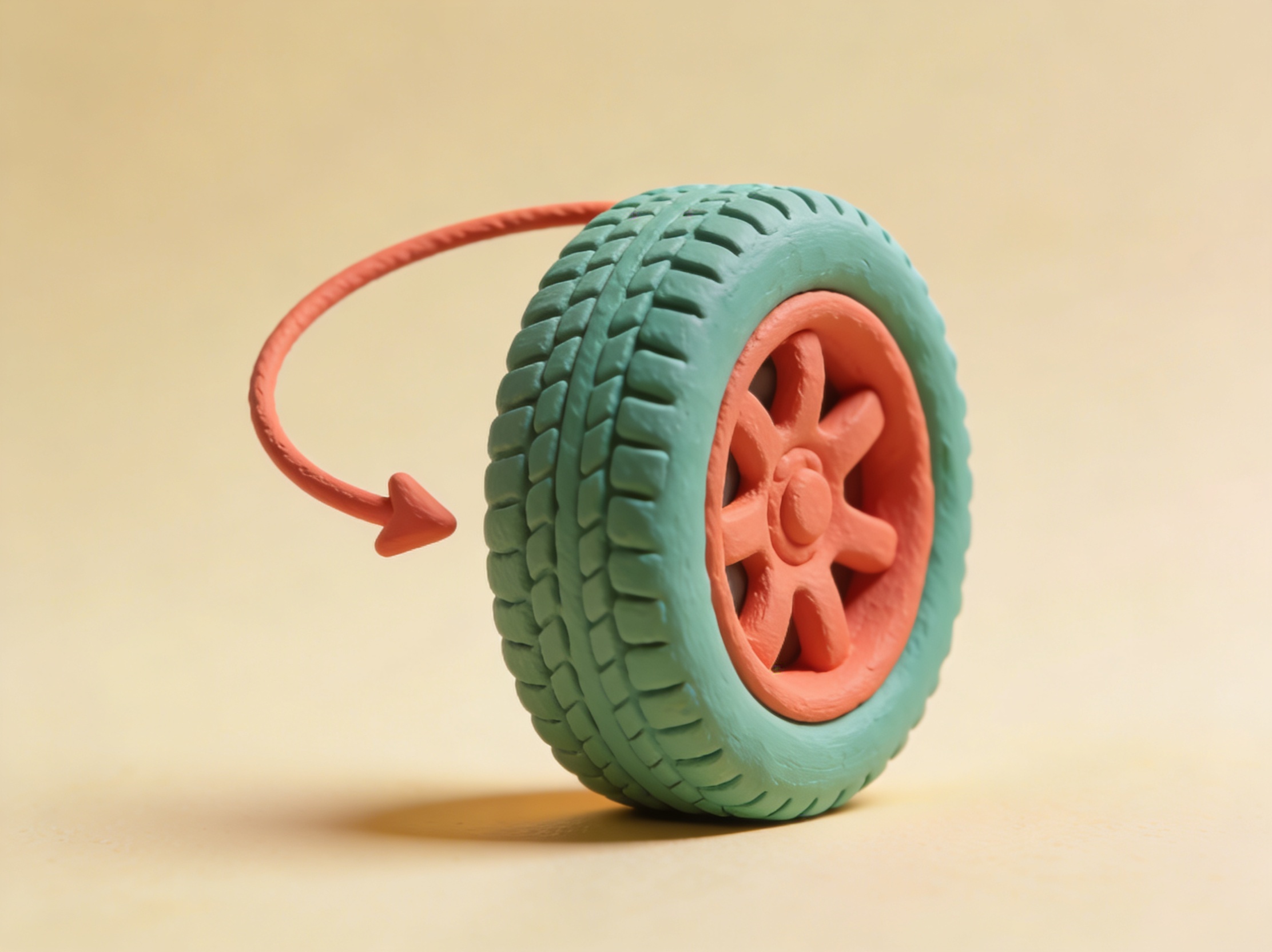 3D-illustrasjon av et bildekk med omkretspil – rulleomkretskalkulator