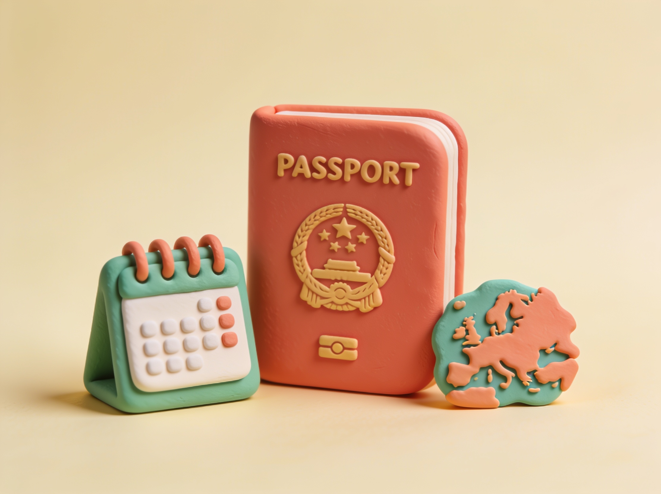 3D-illustrasjon av et pass, et Europa-kart og en kalender – Schengen 90/180-kalkulator