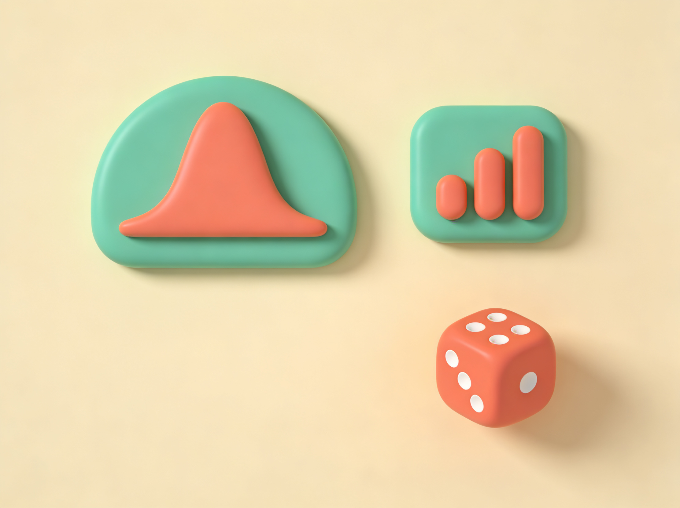 3D-illustrasjon av en normalfordelingskurve, et stolpediagram og en terning – statistikkkalkulator